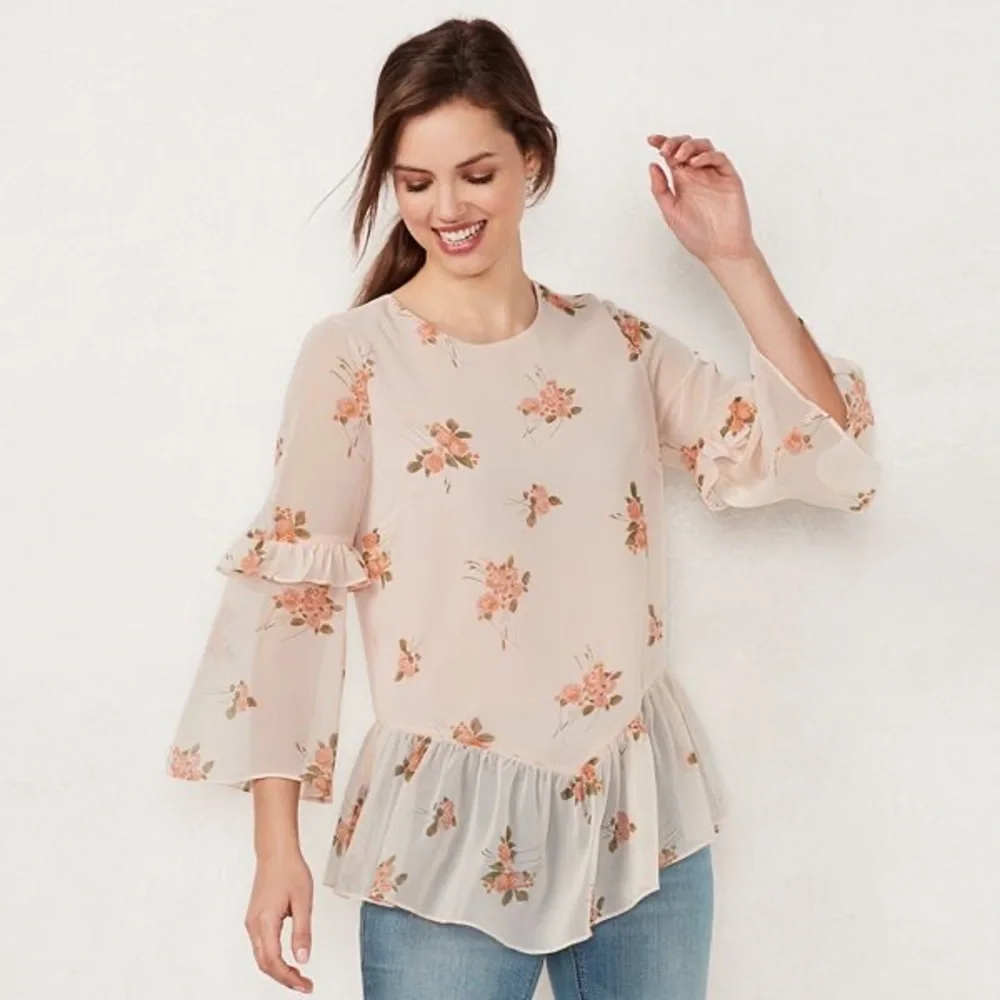 SOLD✖️LC Lauren Conrad Floral Chiffon Shirt Ruffles Spring Size XL - Picture 1 of 11